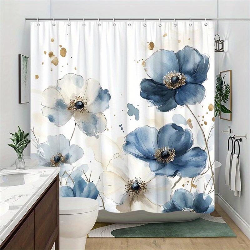 1 Elegant Floral Shower Curtain - Navy And White Floral Pattern With Gold Speckles, Machine Washable Polyester For Bathroom