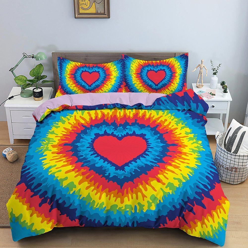 Three-Piece 3D Digital Printing Rainbow Color Striped Quilt Set Three-Piece Bedding