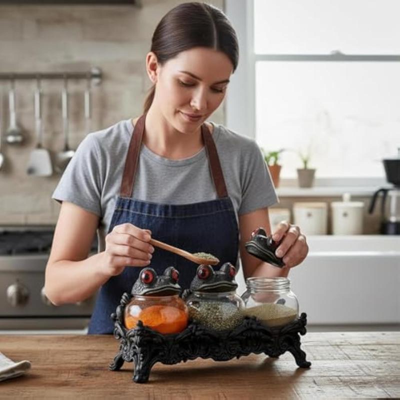 Frog Shaped 3pcs Spice Jars Set with Decorative Rack Seasoning Containers for Kitchen Spice Storage Organizer Spices Countertop