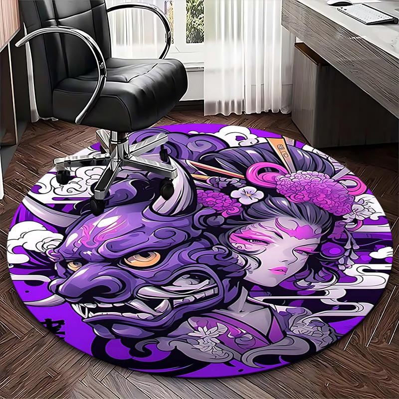 1pc Japanese Demon Mask & Geisha Purple Round Carpet, Office Chair Mat, NonSlip Rug for Home Decor, Seasonal Gift, Suitable for Office