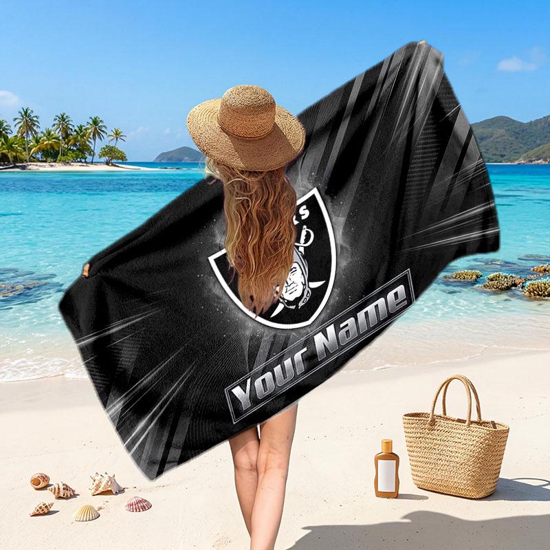 Las Vegas Raiders Customized Name Text Beach Towel, Soft Absorbent Towel Beach Pool Travel Personal Gift