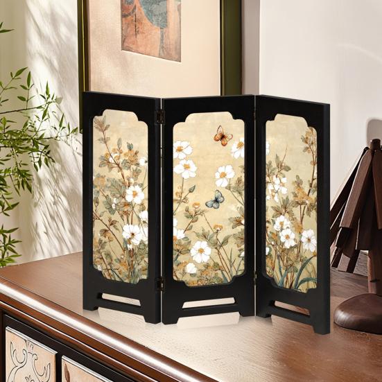Yousheng Mini Floral Folding Screen Rustic 3 Panel Room Dividers Chinese Style Vintage Desktop Folding Screen Feng Shui Ornaments for Home Table Decor