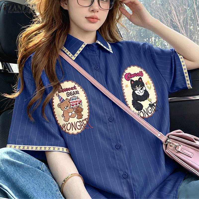 ZANZEA Women Casual Turn Down Collar Loose Cartoon Print Short Sleeve Blouse