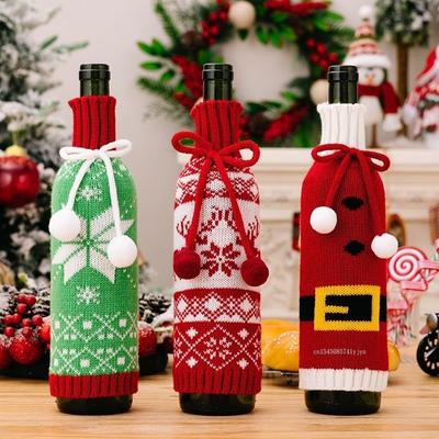 Housses de Bouteille de Vin de Noël Dessin Animé Père Noël Bonhomme de Neige Tricoté Sacs de Bouteille de Vin Rouge Décor de Table de Dîner de Noël Fête du Nouvel An 1 Pièce
