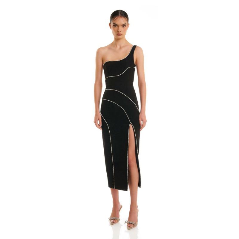 

New one-shoulder dress with drill chain split sexy bandage skirt elegant women s clothing party evening dress outside L чёрный