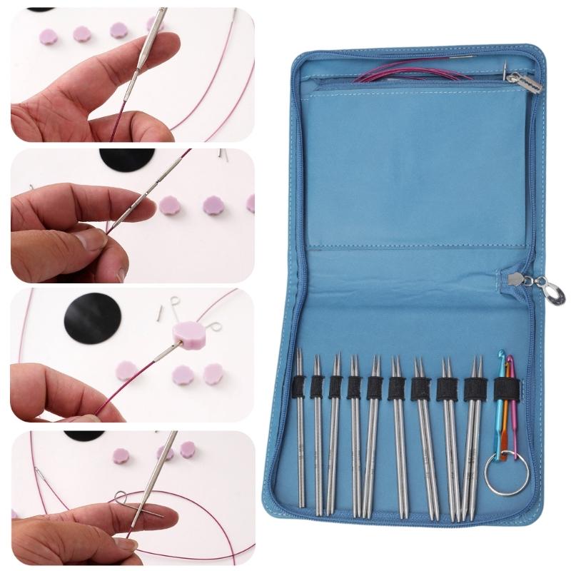 9Pairs Steel Interchangeable Circular Knitting Needle Set with Crochet Hook, Knitting Accessories, Case for Knitting