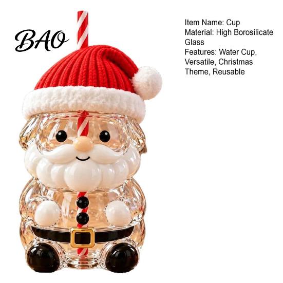 Restaurant Grade Glassware Christmas Santa Straw Cup, High Borosilicate Glass Tumbler, Durable Everyday Use Cup Reusable Drinking for Cold Beverages