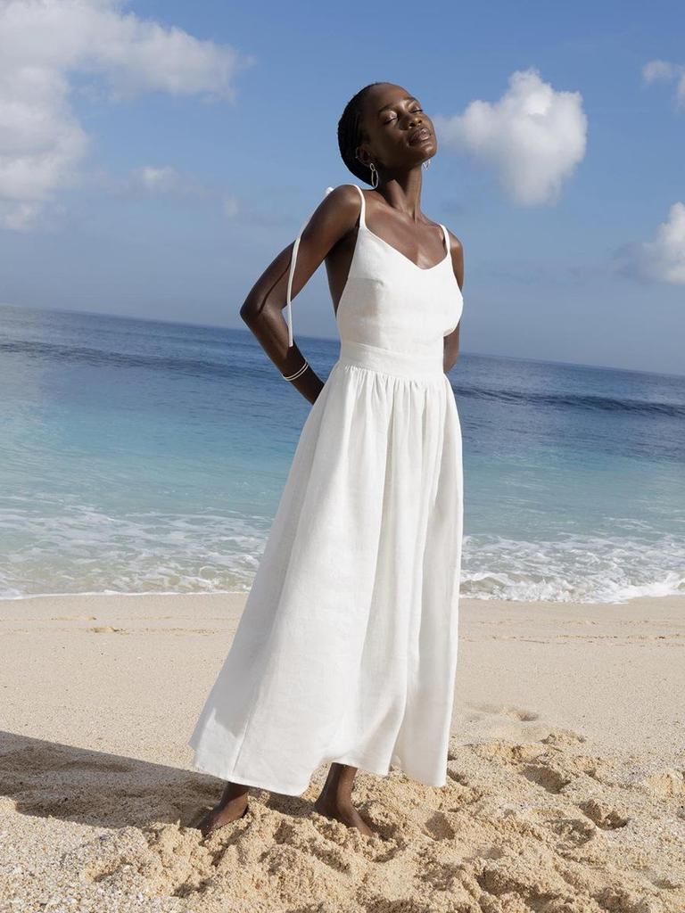 European Cross 2024 Pure Cotton V-neck Spaghetti Strap Midi Dress with Lace-Up Open Back