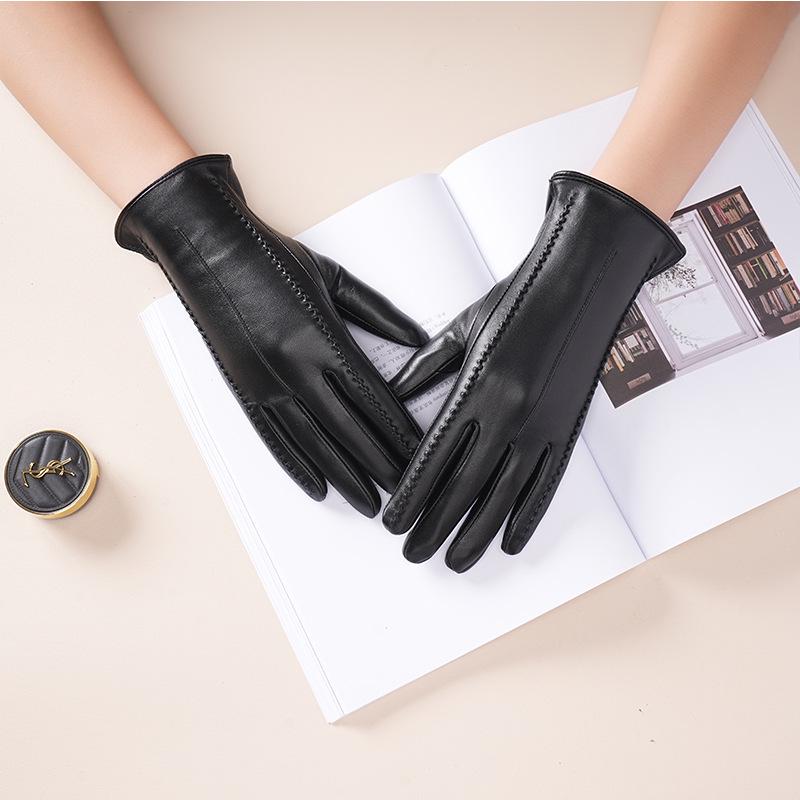 Women's Winter Warm Lambskin Leather Gloves - Windproof, Thickened, Touchscreen, Short, Trendy, Light Luxury for Motorcycle Riding