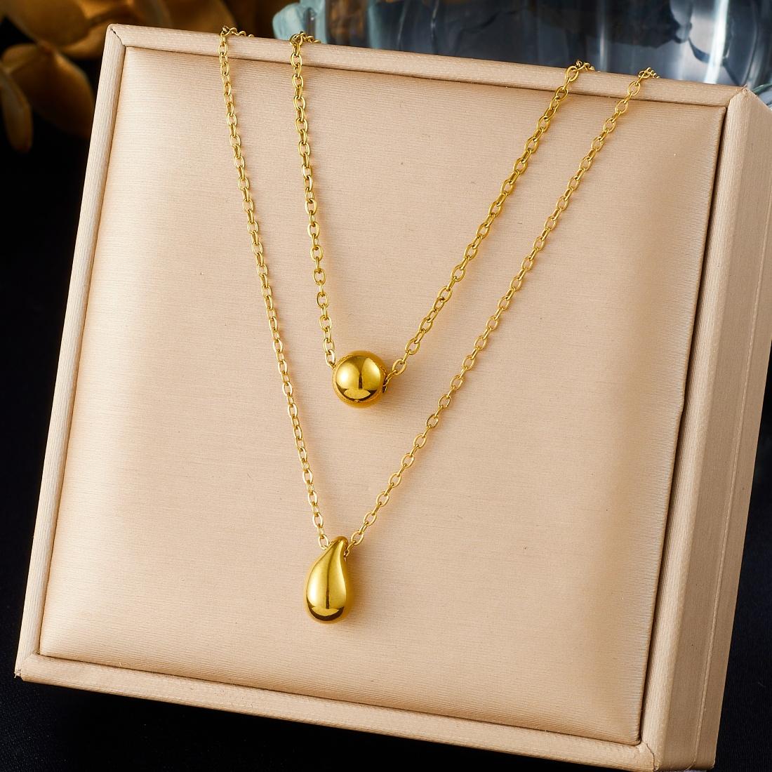 Beads Geometric Water Droplet Double-Layer Pendant Necklace Lady 316L Stainless Steel Classic Trend Waterproof Jewelry
