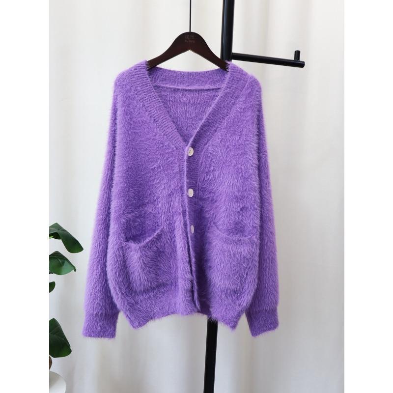 Imitation mink velvet knitted cardigan women's loose V-neck versatile solid color autumn and winter new sweater jacket thick