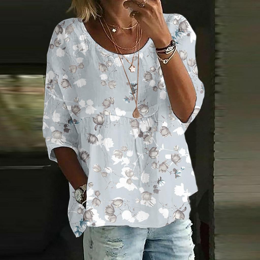 Damen Casual Mode Dreiviertelarm Locker Rundhals Floral Bedrucktes Oberteil