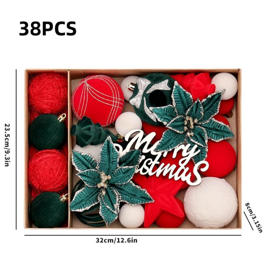 Christmas Decorations 38PCS Flocked Christmas Flowers Christmas Ball Set Christmas Tree Ornaments Velvet Christmas Ball