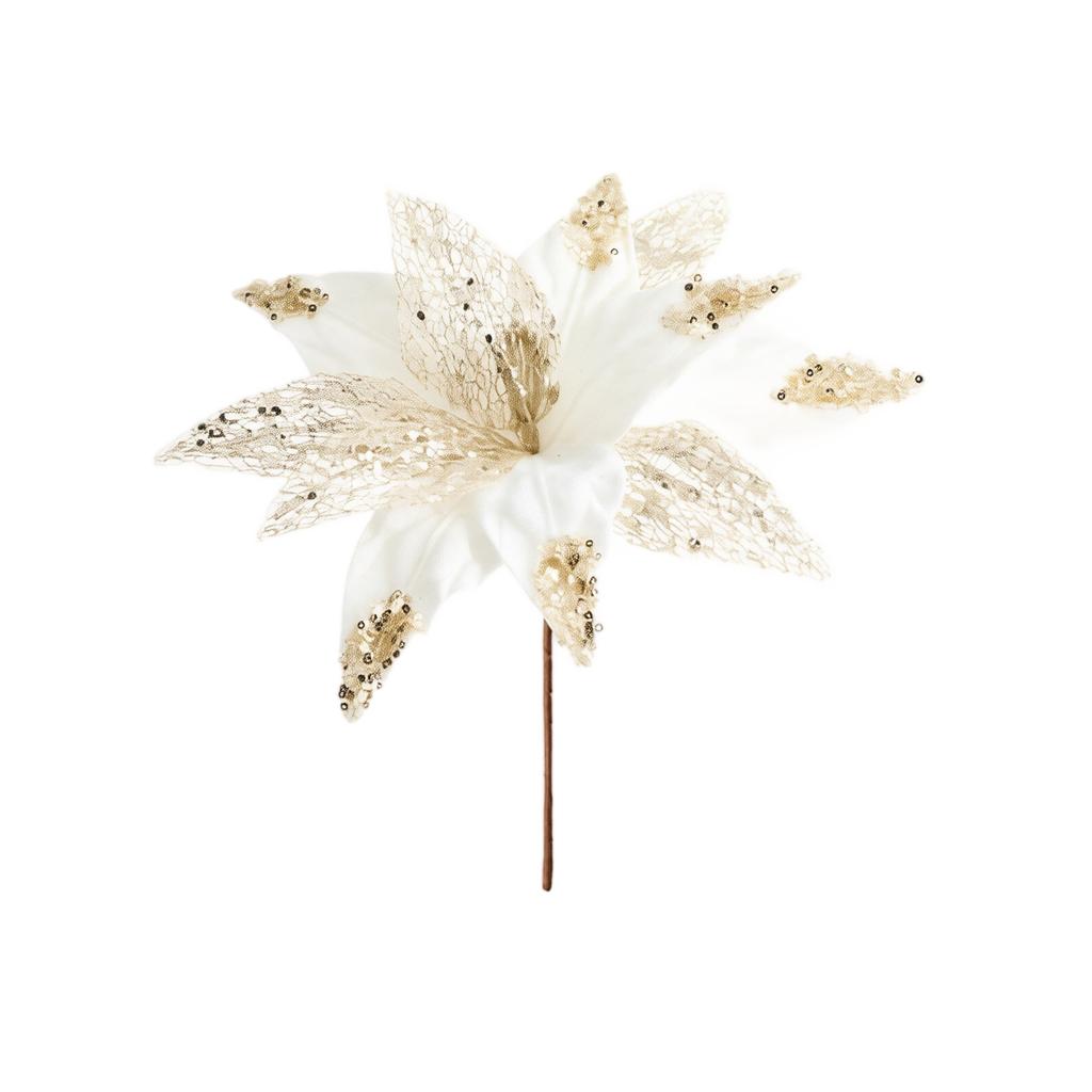 Artificial Christmas Flowers with Sequin Branches, Fabric Floral Arrangement for Christmas Holiday Decor