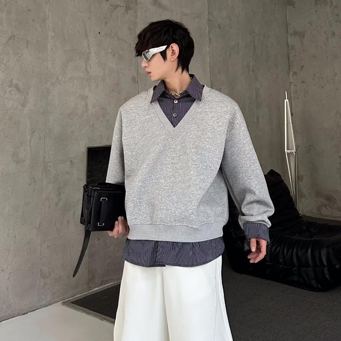 Мужской корейский стиль, двухкомпонентный худи с воротником-рубашкой, 2025 г. - Модный, свободный, универсальный осенний пуловер. 3XL