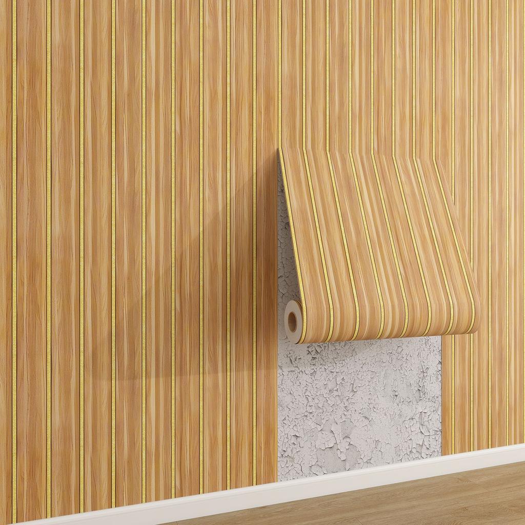 0.45x10m Self Adhesive Slat Wallpaper Vintage Wood Grain Striped Wall Sticker for TV Background Living Room Decor Peel and Stick