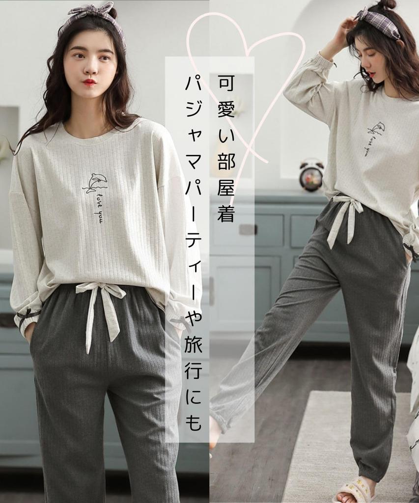 Pajamas for Long Long Cute Crew Roomwear [MowaLef] Women, 100% Cotton, Spring/Summer, Sleeves, Pants, Cotton, Nightwear, Neck, (L, Gray)