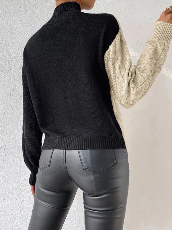 Women's Color Block Half-High Collar Cable Knit Sweater - Autumn/Winter European & American Loose Casual Style