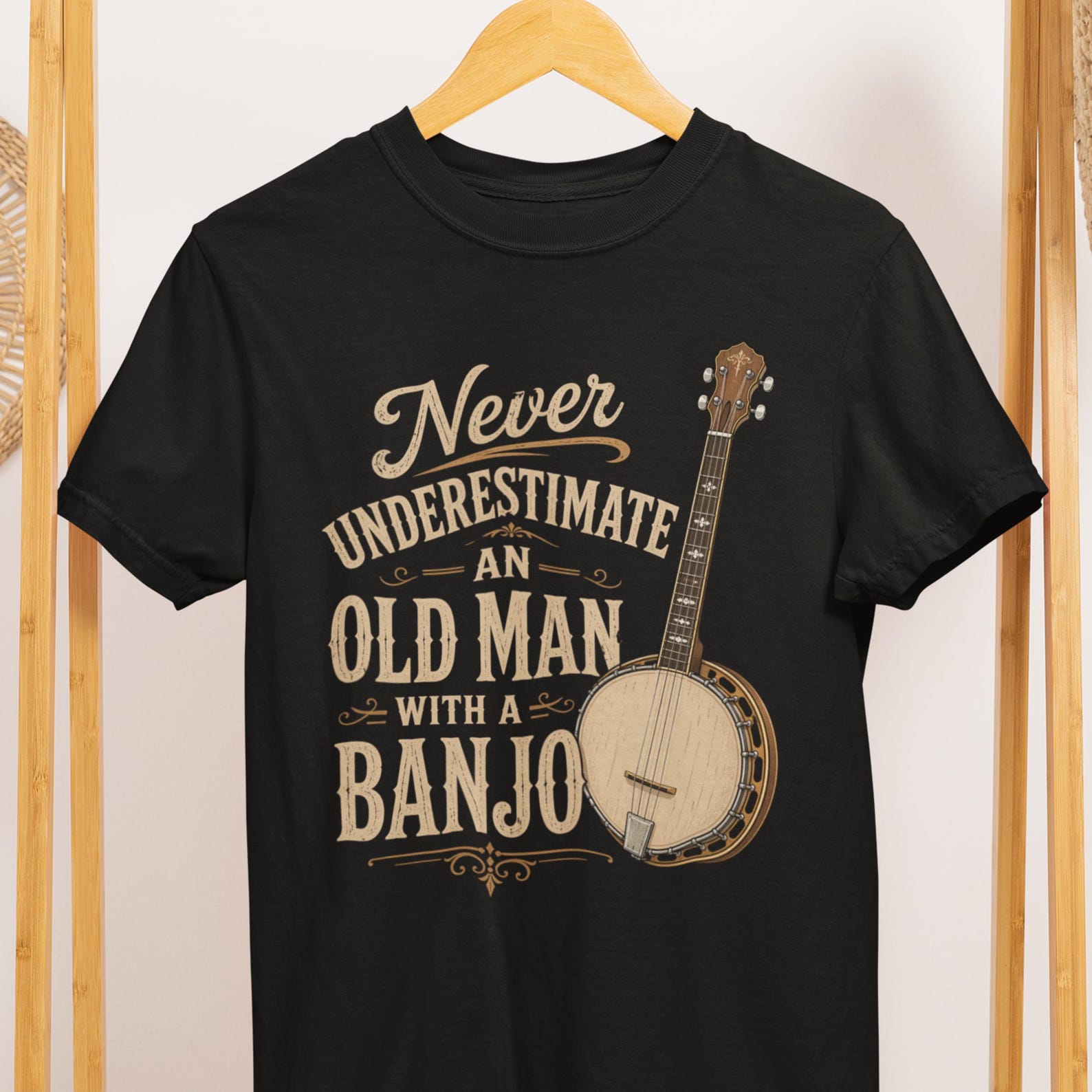 Old Man Banjo Player T-Shirt, Vintage Musician Graphic Tee S