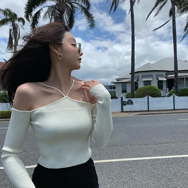 

WTEMPO весна осень сплошной цвет с открытыми плечами тонкие рубашки с v-образным вырезом женские модные новые короткие трикотажные футболки с лямкой на бретельках оптовая продажа One Size белый