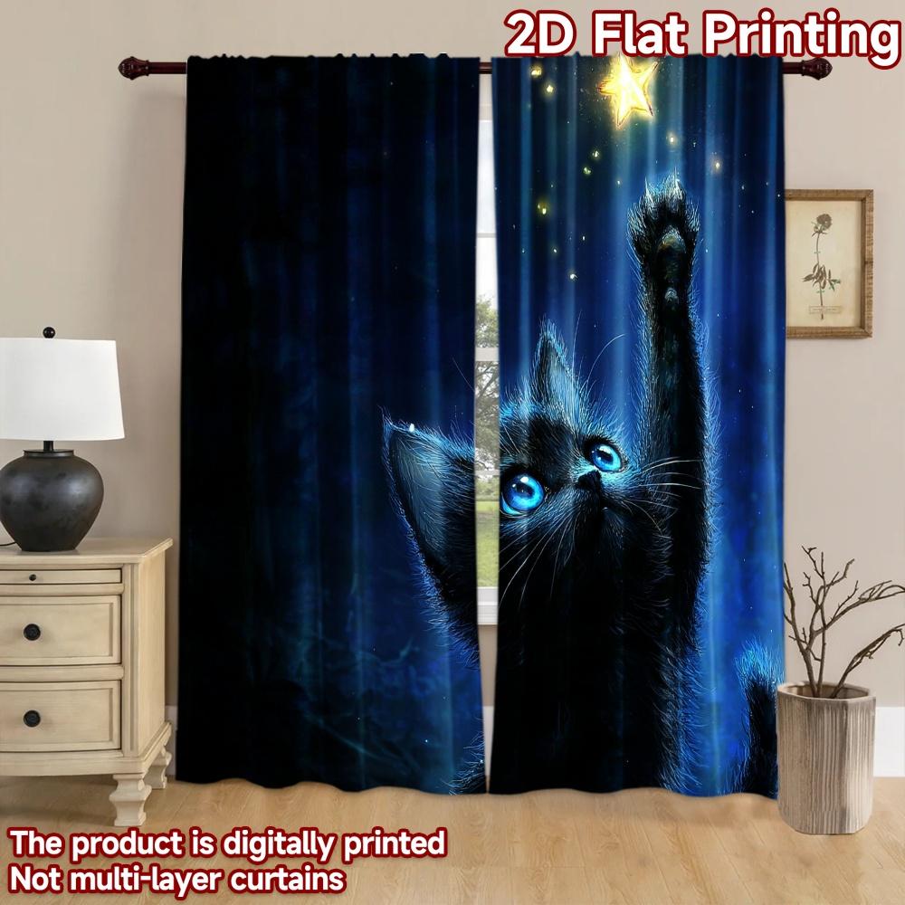 2D Flat Printing 2pcs Party Curtains Black Cat Reaching for Star Digital Printed Polyester Drapes Festive Curtains Use for