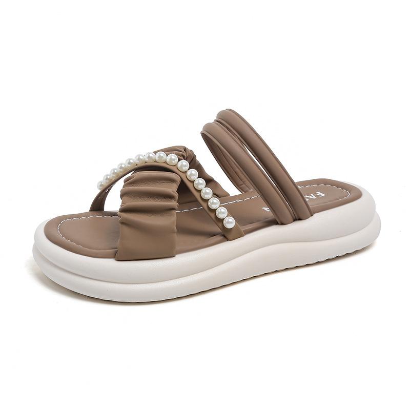 

Роскошные скромные сандалии на платформе для женщин, регулируемый жемчужный ремешок, закрытый носок, сланцы Cloud Comfort для дома 40 хаки