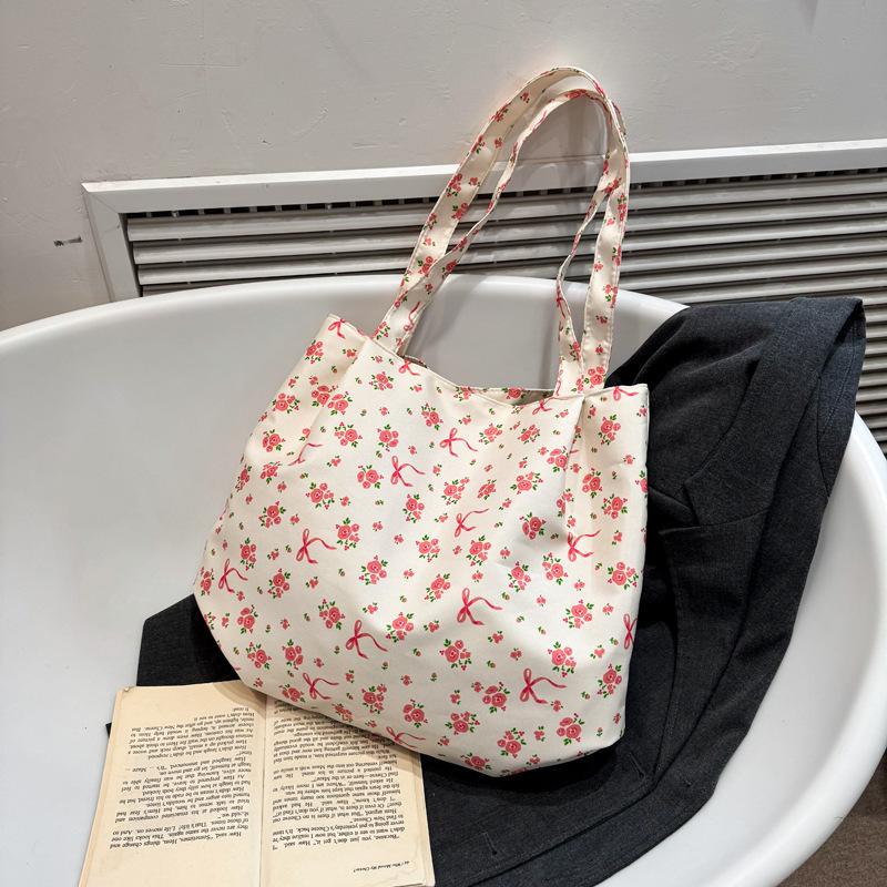 2025 new floral bag bag large capacity rose canvas bag beach bag shopping bag shoulder bag women's bag