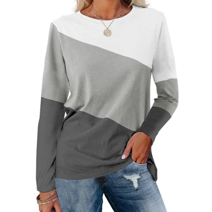 Fashion Color Blocked Long Sleeved Top with Personalized Contrasting Design for Women's Casual T-shirts
