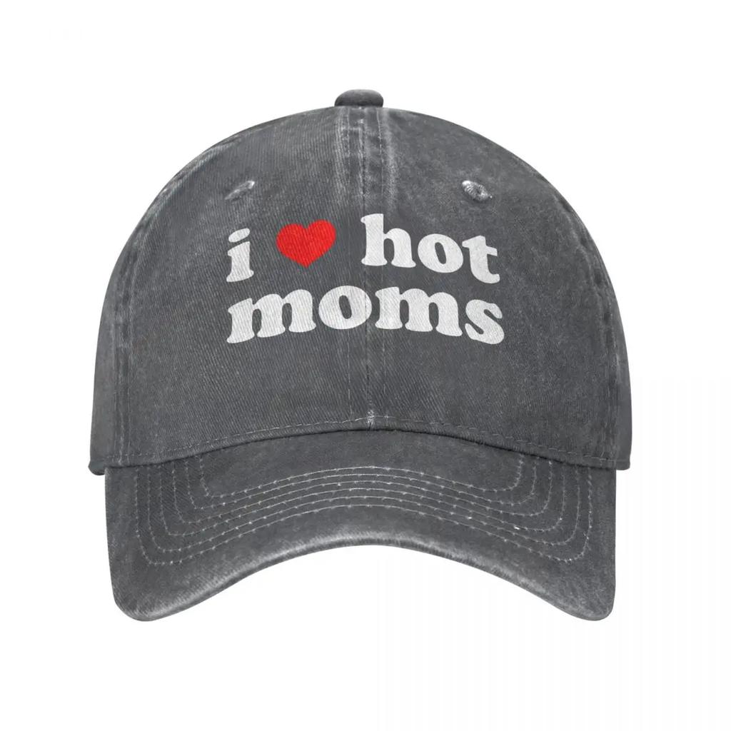Jag älskar heta mammor Rött hjärta Basebollkepsar Sliten Bomullshuvudbonad Unisex Stil Utomhus Löpning Golf Justerbar Passform Kepsar Hatt