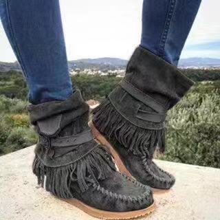 Women Ankle Boots Ladies Suede Shoes Tassel Single Boots Pop Tide Silp-On Boho Boots Women Flat Shoes Cowboy Shoes Short Boots