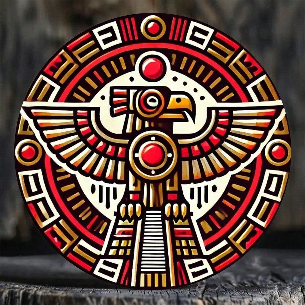 Vibrant Eagle Aztec Geometric Metal Wall Art, Round Aluminum Sign for Home Decor