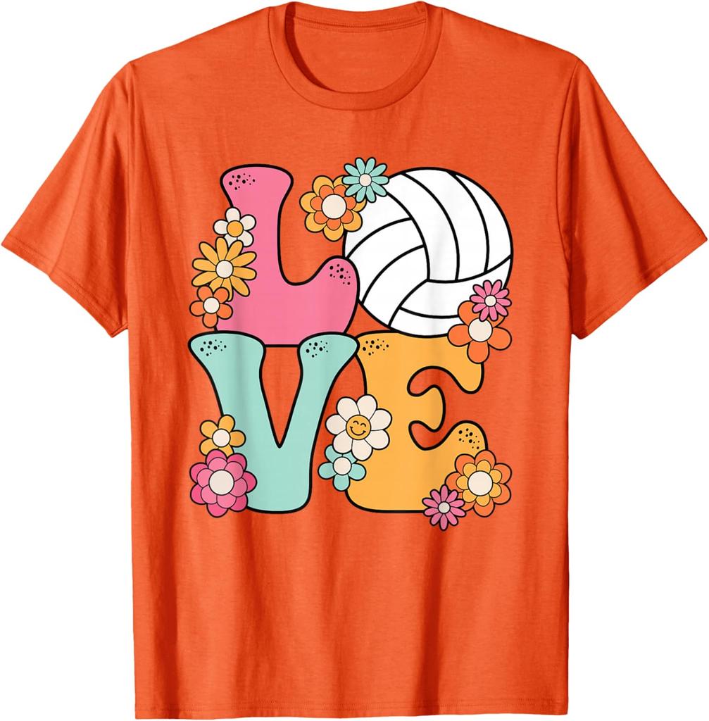 Volleyball Love Retro Flowers Graphic Tee Women Girls Casual Short Sleeve T-Shirt