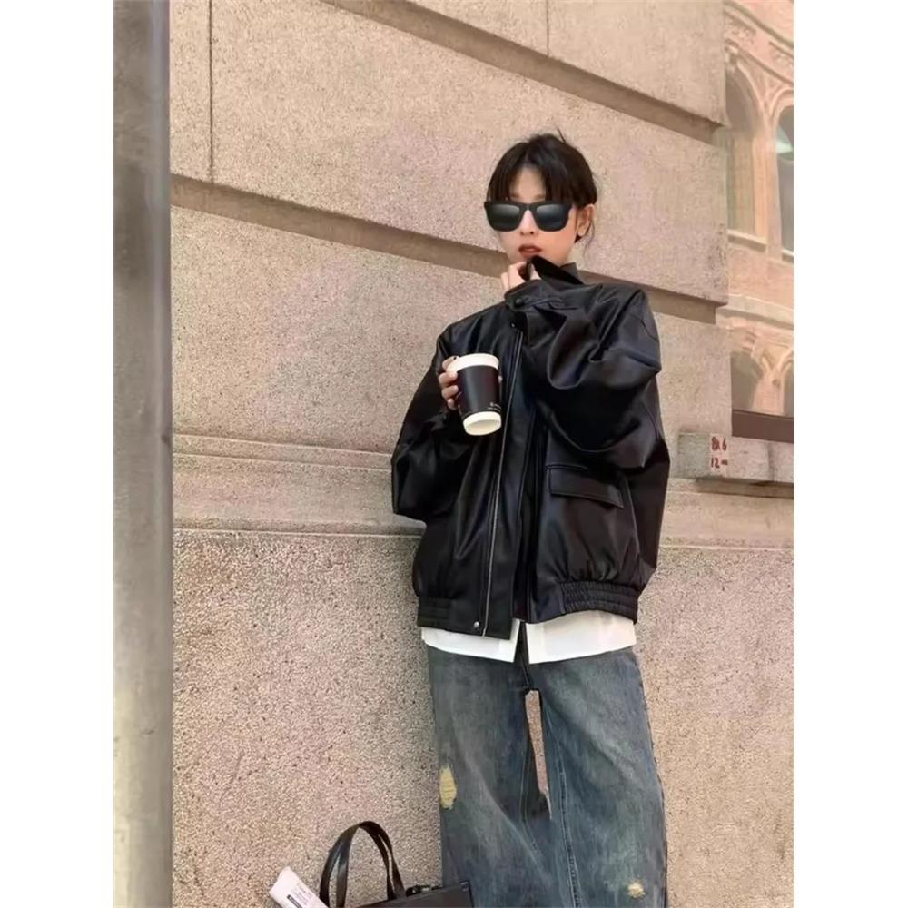 Vintage PU Leather Jacket Women Spring Autumn Retro Black Brown Casual Fashion Zipper Cropped Loose Leather Moto Biker Coat