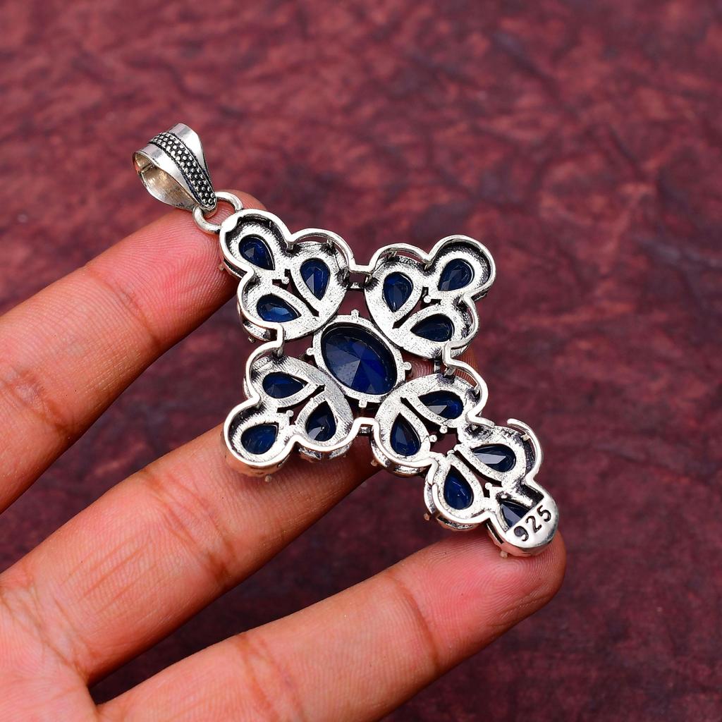 Blue Sapphire Gemstone Cross Shape Pendant : 925 Sterling Silver Handmade Jewelry Pendant