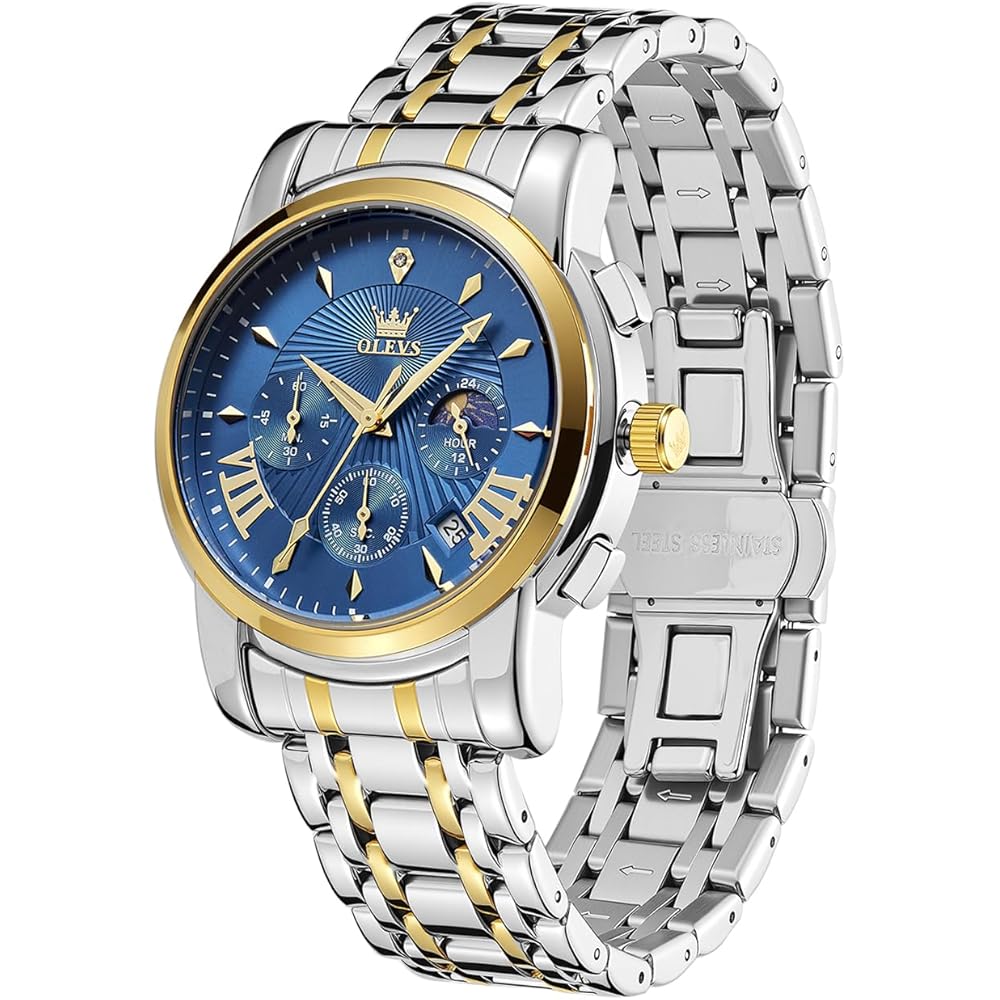 OLEVS Men's Chronograph Watch Blue Analog Waterproof Quartz Business Style Large Display