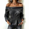 Women's Off Shoulder Denim Top with Floral Embellishment, Waist-Cinching Slimming