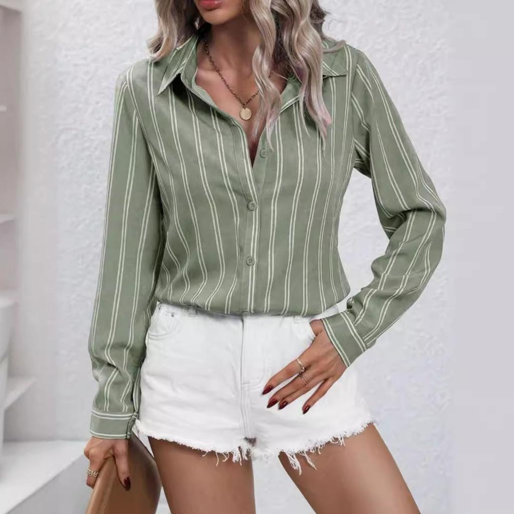 Women's Shirt Button V Neck Striped Loose Long Sleeve Cardigan Shirt Fashion Casual Tops