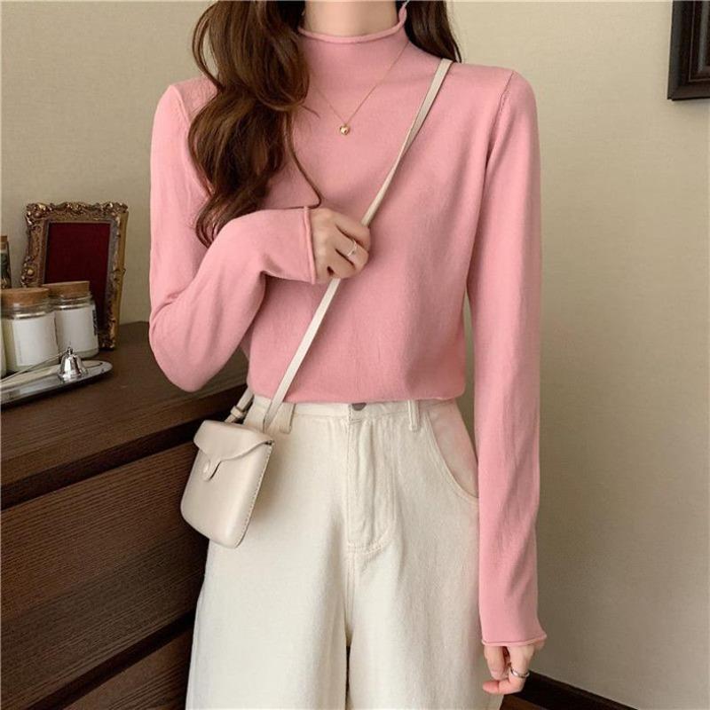 Spring and Autumn Knitted Sweater Top Women's New Semi-turtleneck Lazy Wind Loose Inside Long Sleeve Winter Bottom Sweater