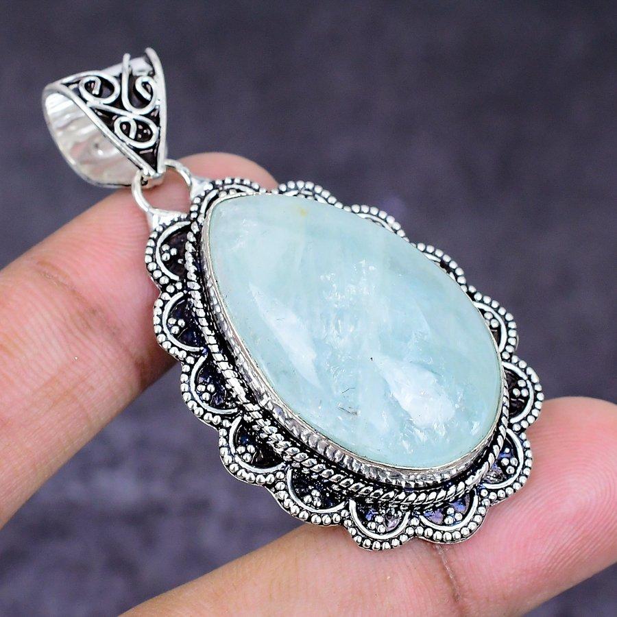 Natural Aquamarine Gemstone 925 Sterling Silver Jewelry Pendant 2.17" ETC-14595