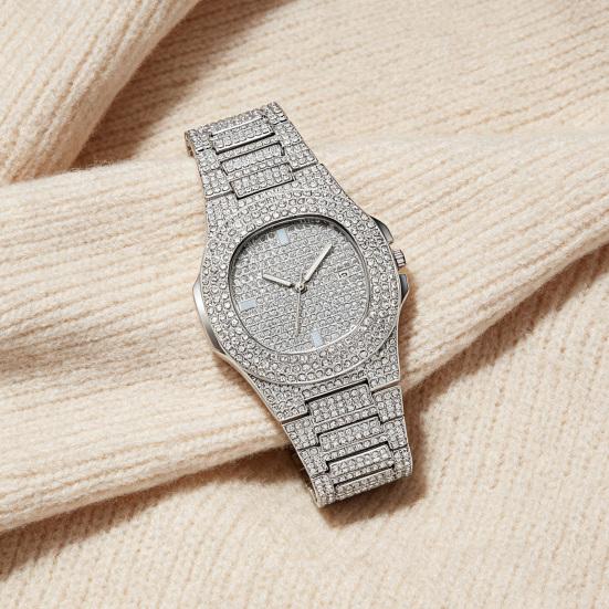 Quarzuhr mit voll besetztem Diamantlünetten- und Zifferblatt-Design, hochpräzise, funkelnd, trendiger Hip-Hop-Stil, für den täglichen Gebrauch und Partys
