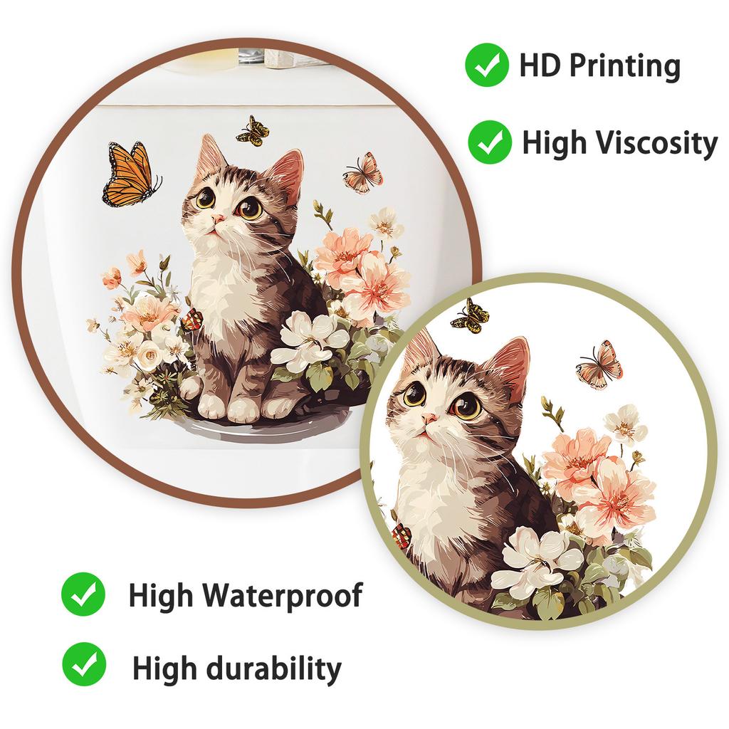 Cute Floral Kitten Toilet Lid Sticker Self-Adhesive Removable Bathroom Decor