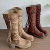 Khaki Retro Thick Heel Boots Boots Women's 2025 New Autumn Small Slim Pile Western Cowboy Boots