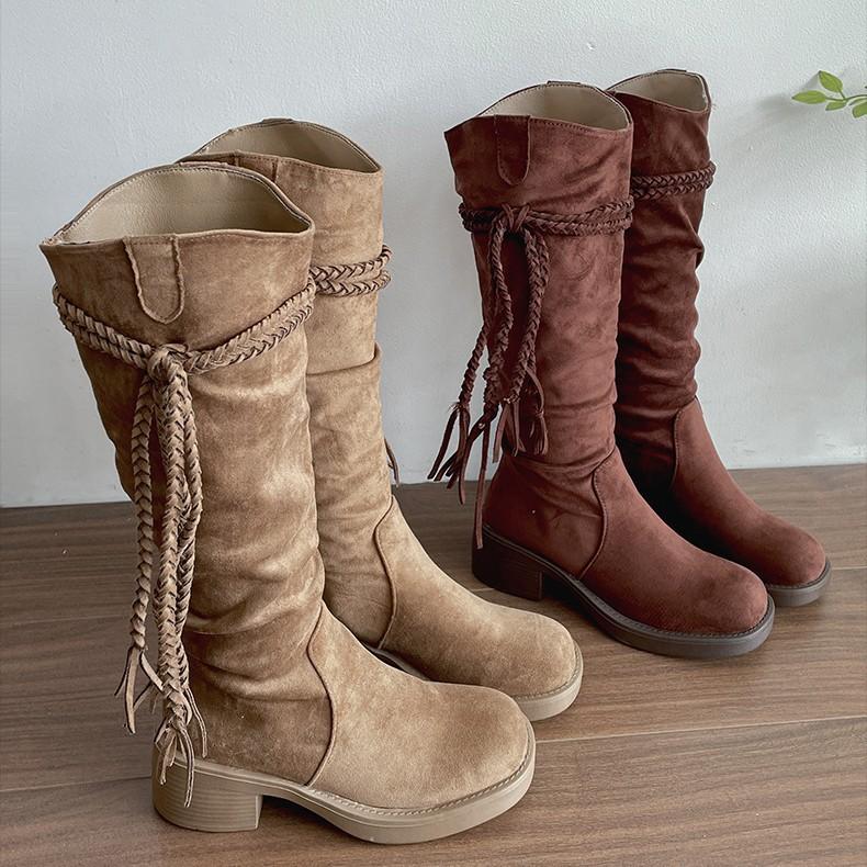 Khaki retro thick heel boots boots women's 2025 new autumn small slim pile western cowboy boots