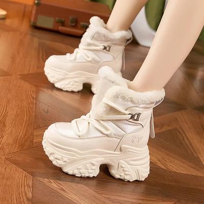 Fashion White Snow Boots Women's 2024 Winter New Inner Height Increase Women's Shoes Waterproof and Velvet Warm Thick-soled Cotton Shoes
