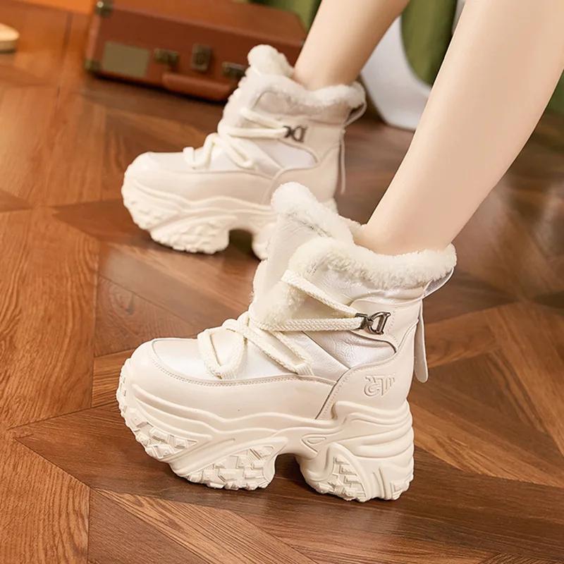 Fashion White Snow Boots Women's 2024 Winter New Inner Height Increase Women's Shoes Waterproof and Velvet Warm Thick-soled Cotton Shoes