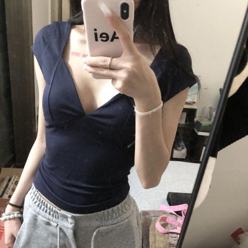 American-Style Spicy Girl Deep V-Neck Navy Blue Short-Sleeve T-Shirt for Women, Summer New Pure Desire Waist-Cinching Slim-Fit Backless Short Top Blue S