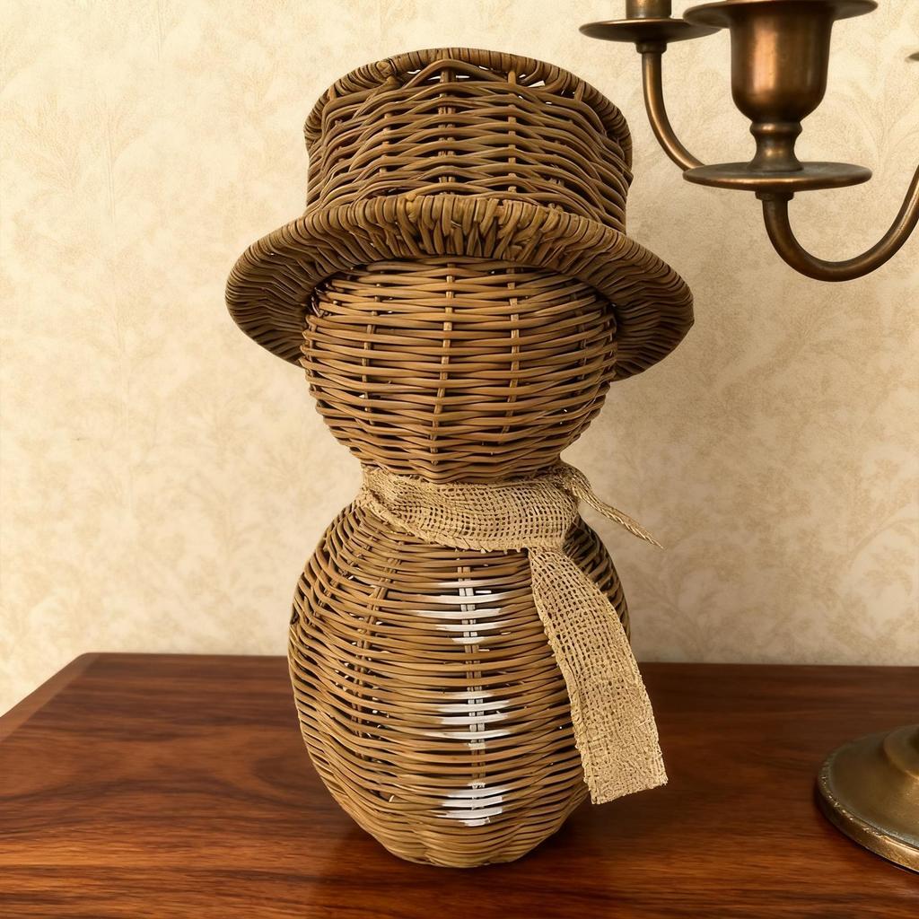 Christmas Snowman Faux Rattan Table Centerpieces Winter Rustic Snowman Figurines with Hat for Indoor Outdoor Bedroom Living Room