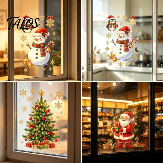 Holiday Window Layouts Christmas Clings, Cute Santa Claus Snowman Xmas Tree Stickers, Reusable Art Winter PVC Static Glass Decal for Living