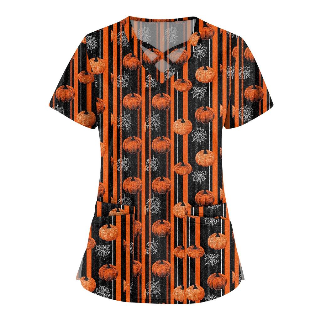 Women's Fashion  V-Neck Short Sleeve Overalls Double Pocket Halloween Printed Tops  Apparel