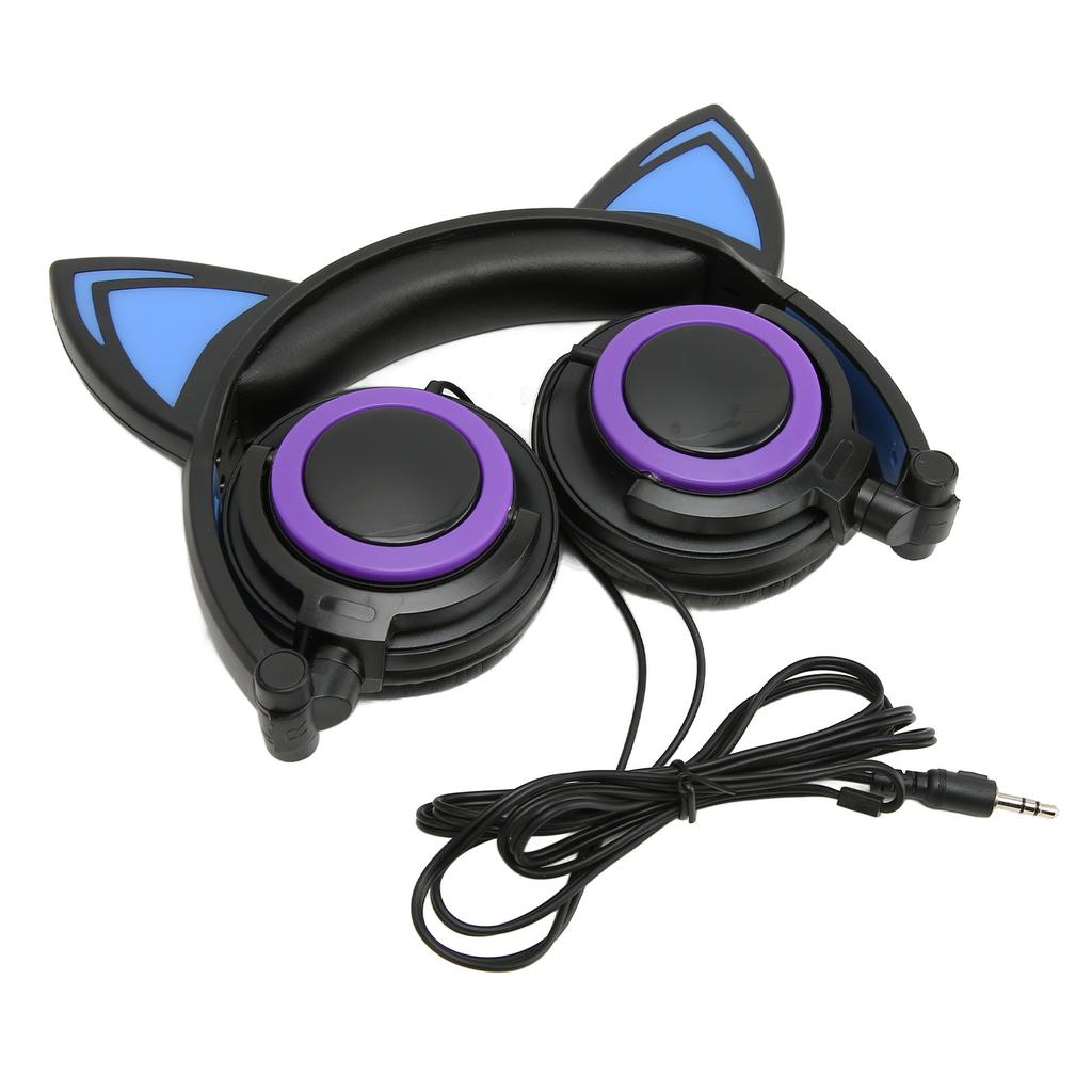 Cat Ear Wired Headphone Noise Reduction Cute Kids Cartoon Headset with LED Light for Tablets